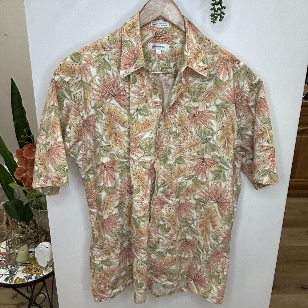 Vintage Pierre Cardin Hawaiian‎ Shirt Button Up Orange Green Leaf Print Large
